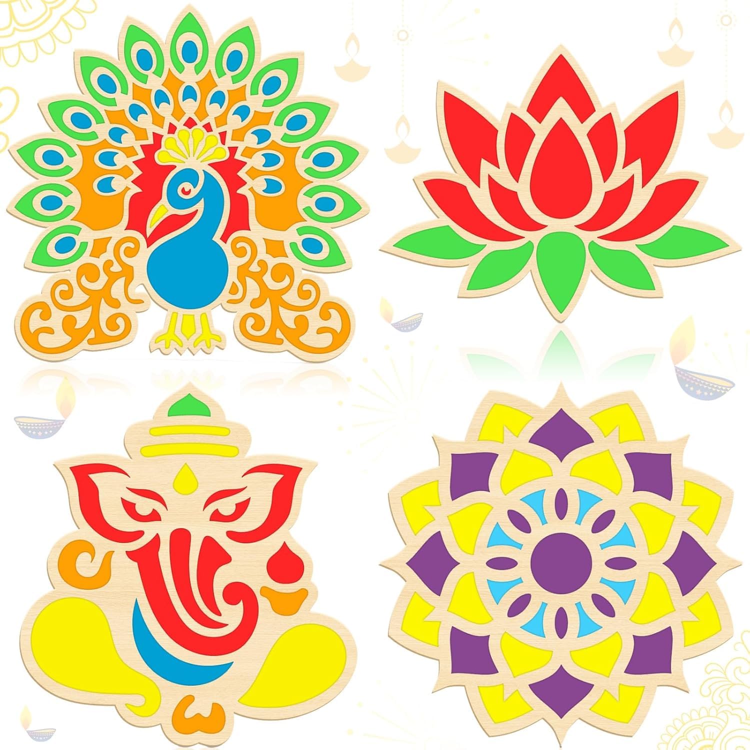 4 Pcs Wooden DIY Rangoli Stencils 11.8 Inch – Mandala, Lotus, Elephant, Peacock Templates for Diwali Decoration